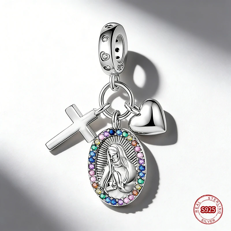 

Ahthen 925 Sterling Silver Beads Multi-Zircon Virgin Mary Cross Dangle Charm fit Bracelets or Necklaces Women Jewelry Making