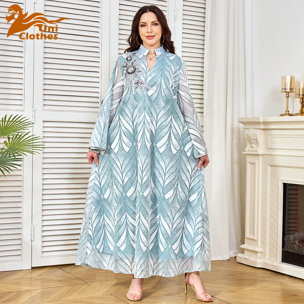 

UNI 2025 Dubai Luxury Bead Embroidery Muslim Women Abayas Maxi Dress Ramadan Turkey Islam Women Party Evening Robe