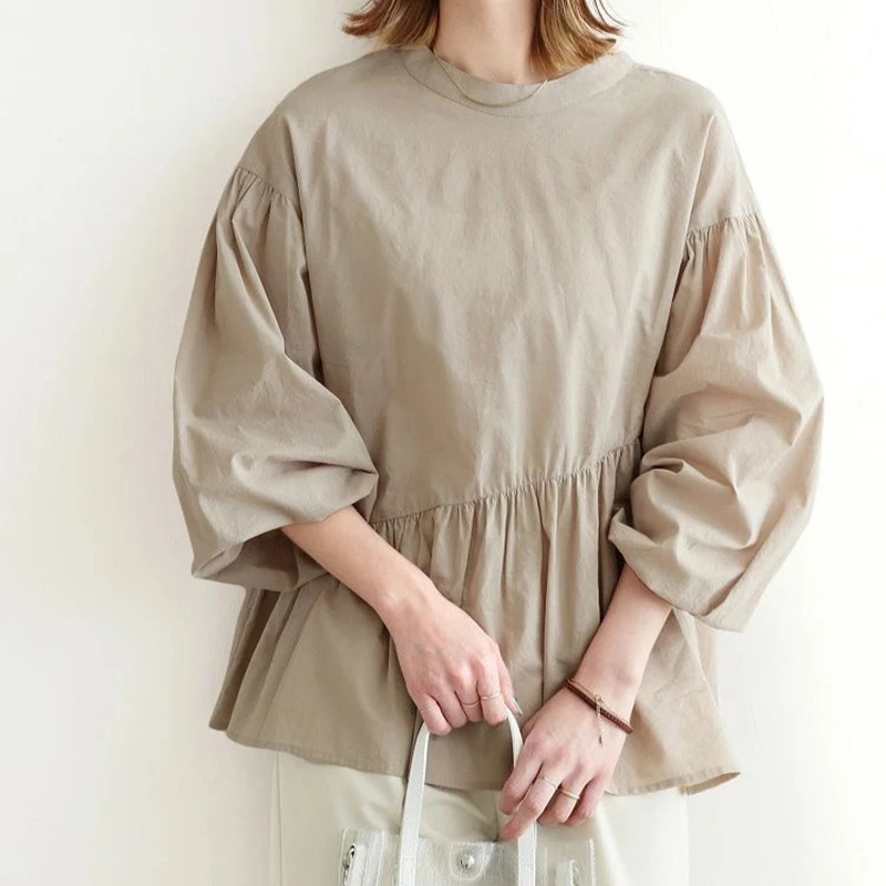 

REALEFT Spring Summer Irregular Cotton Women's Blouses 2025 New Long Puff Sleeve O-neck Casual Loose Shirts Korean Tops Female