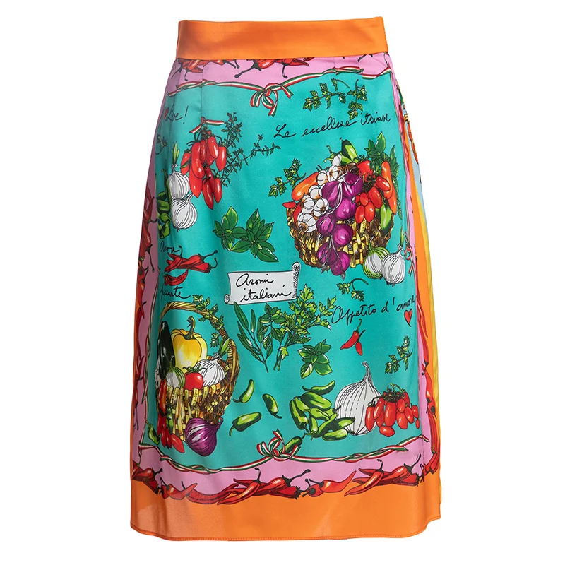 

2023 Fashion Runway Designer Summer Women's High Waist Green Vegetable and Fruit Printing Silk Vintage Skirts