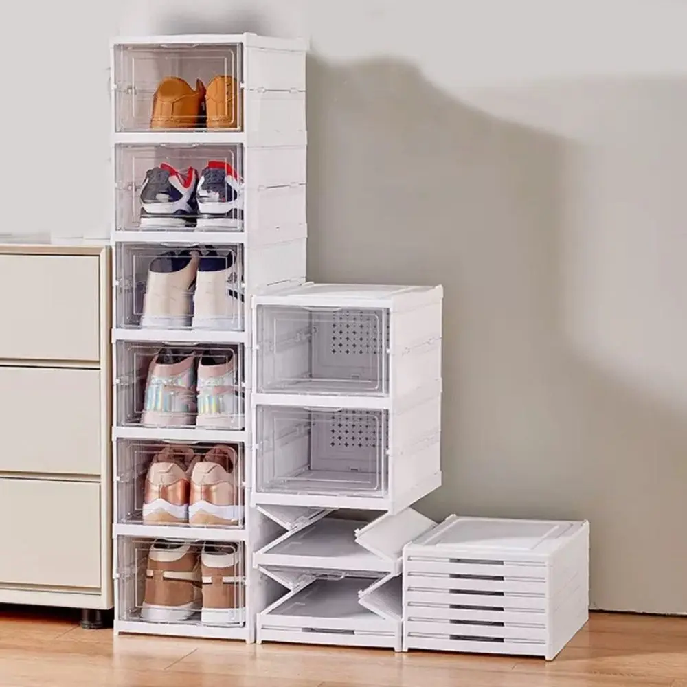 

Practical Plastic Multi Layer Shoe Box Transparent Dustproof Foldable Shoe Box Stackable with Lid Shoe Rack Bedroom