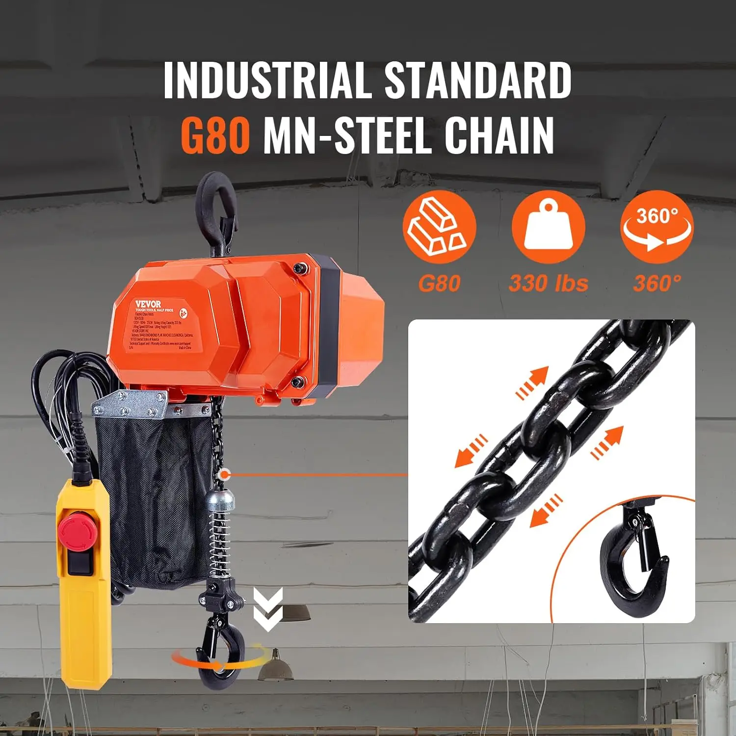 Electric Chain Hoist, 330 lbs Load Capacity, 10 ft Lifting Height, 10 ft/min Speed, 120V, Single Phase Overhead Crane&G80 Chain.