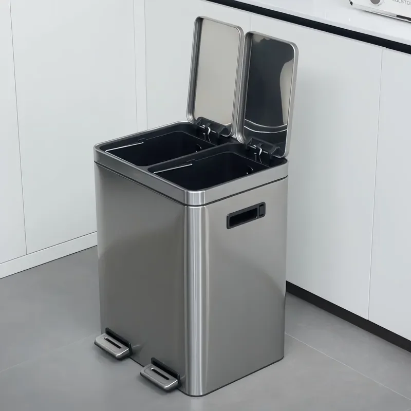 Large Capacity Stainless Steel Foot Pedal Trash Can Double Compartment Slow Close Lid Kitchen Household Waste Bin Recycling