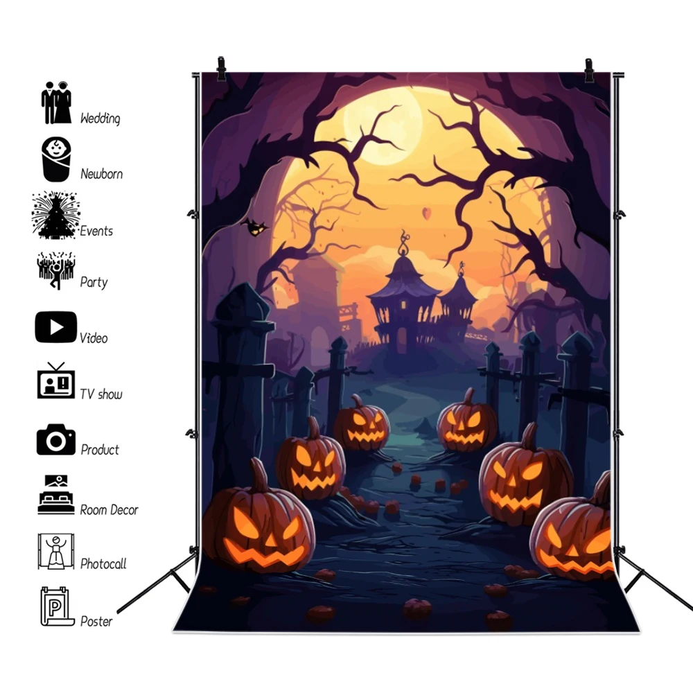 Halloween Photography Background Full Moon Scary Night Castle Pumpkin Party Spooky Witch Bat Cemetery Kid Halloween Party Banner