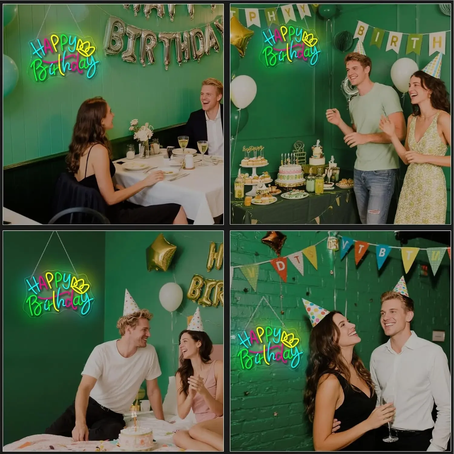 Happy Birthday Neon Sign Colorful Heart Crown LED Wall Art Acrylic USB Dimmable Hanging Light Party Home Celebration Decor