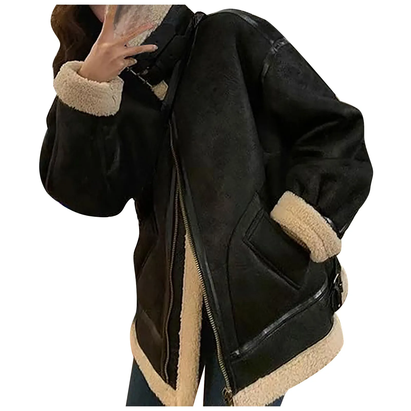 Women Retro Streetwear Faux Suede Bomber Jacket Autumn Winter Fleece Lined Leather Jacket Fashion Lapel Outwears Shearling Coat