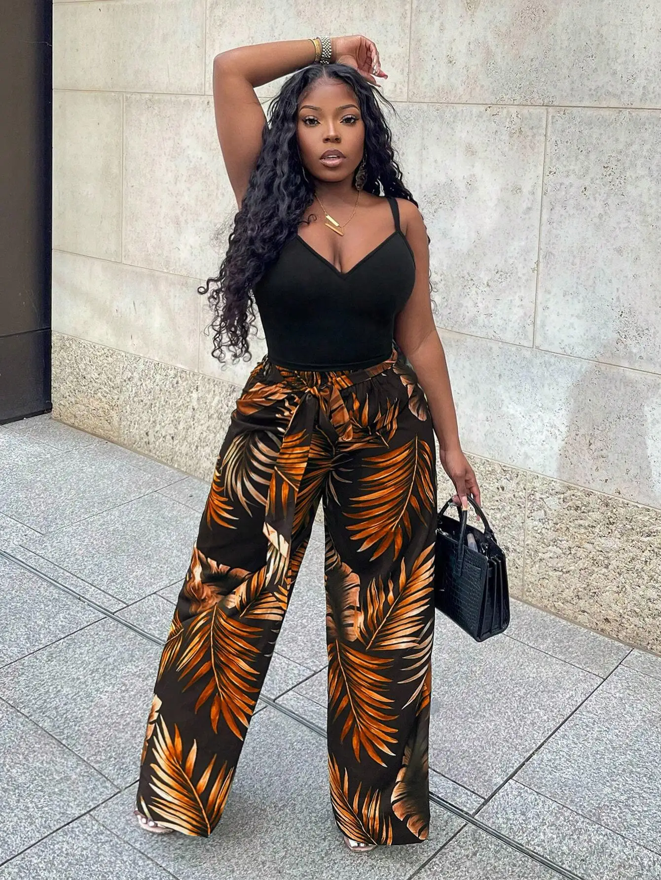 

Casual Black V-Neck Camisole Top And Loose Wide-Leg Palm Print Pants 2 Piece Set