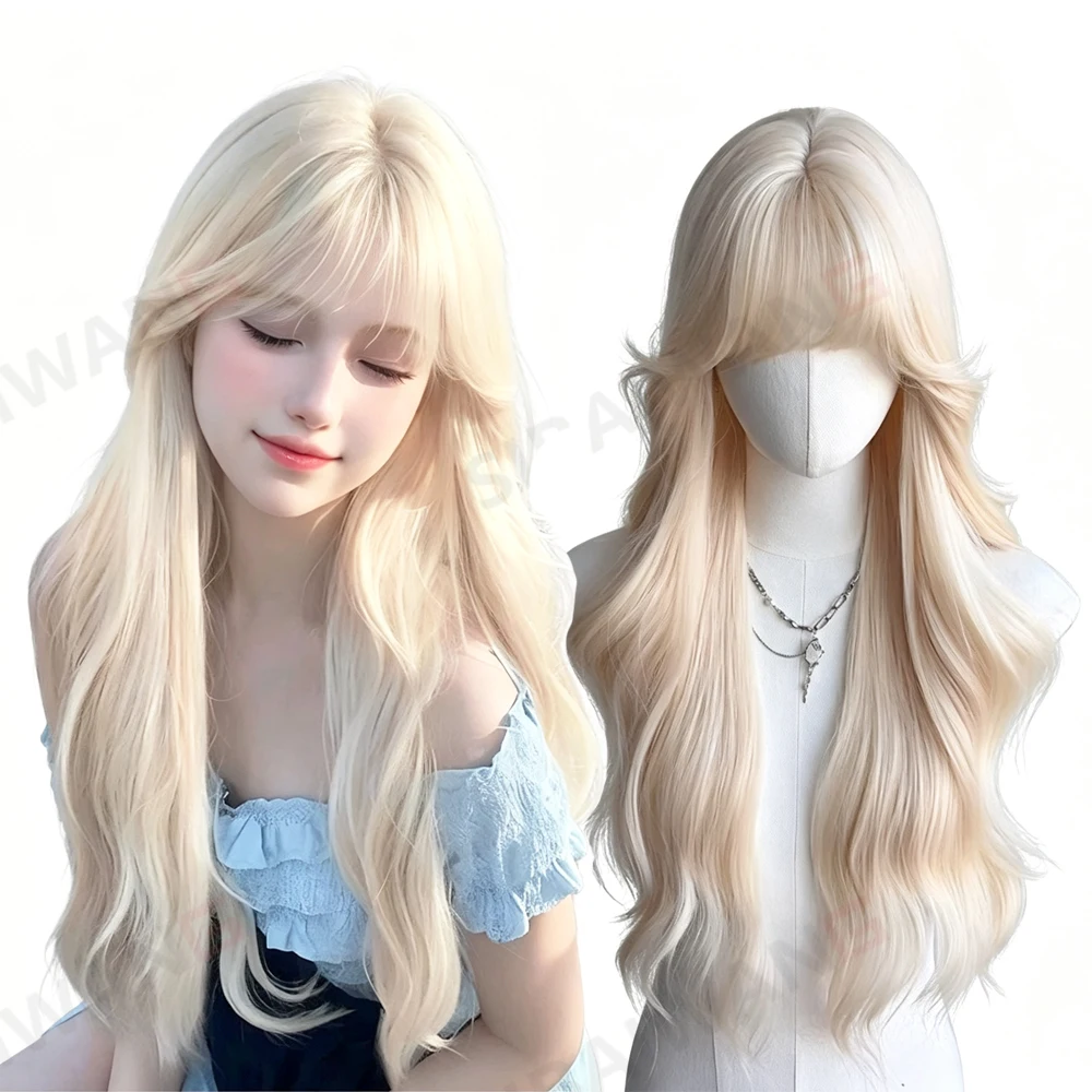 

Platinum Blonde Synthetic Wigs Warm Tea Brown Long Natural Wavy Hair Lolita Wigs With Bangs For Women Cosplay Wigs Lolita Girl