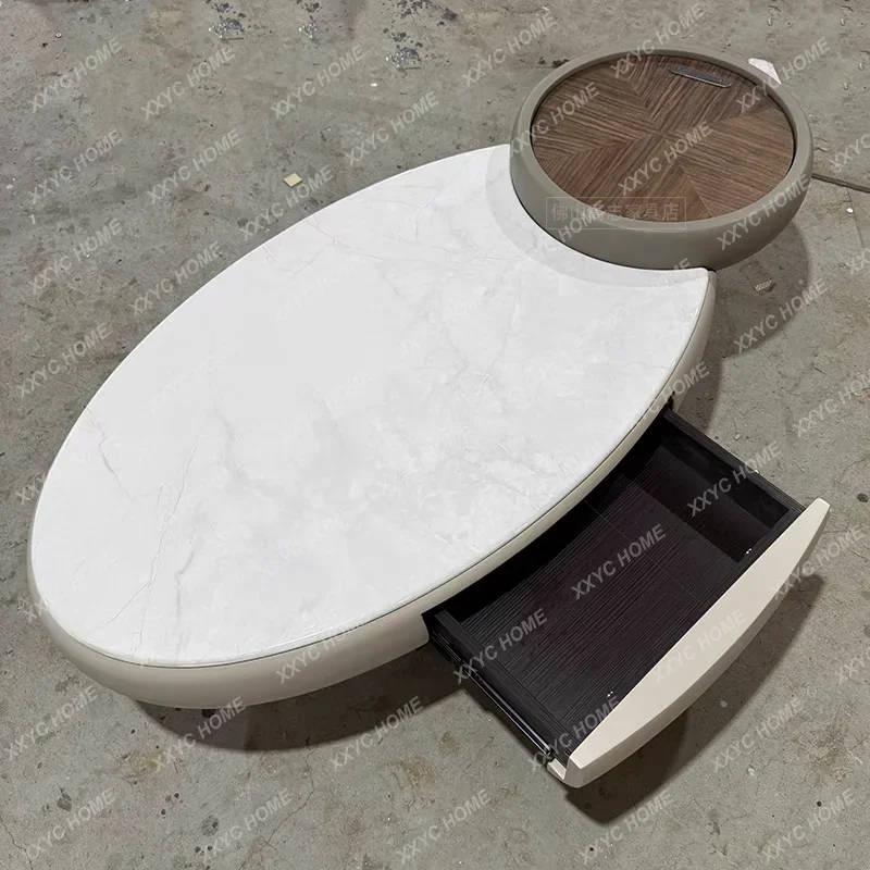 A Modern marble splicing walnut color coffee table height difference oval design Italian combination