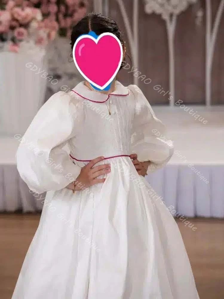 Witte eerste communiejurk met trim Peterpan nek ballon mouw bloemenmeisje jurk voor kinderen bruiloft baljurk op maat