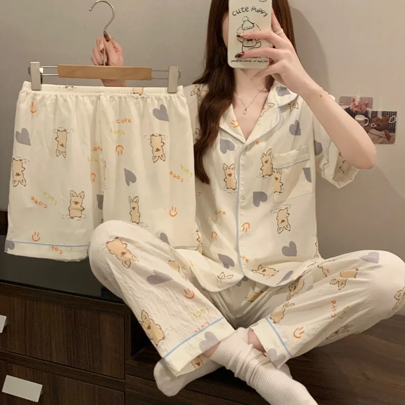 

Girls Wind Soft Cartoon Cartoon Summer Clouds Cotton Short-Sleeved Pajamas Female Love Three-Piece Suit Homewear Summer Clothing