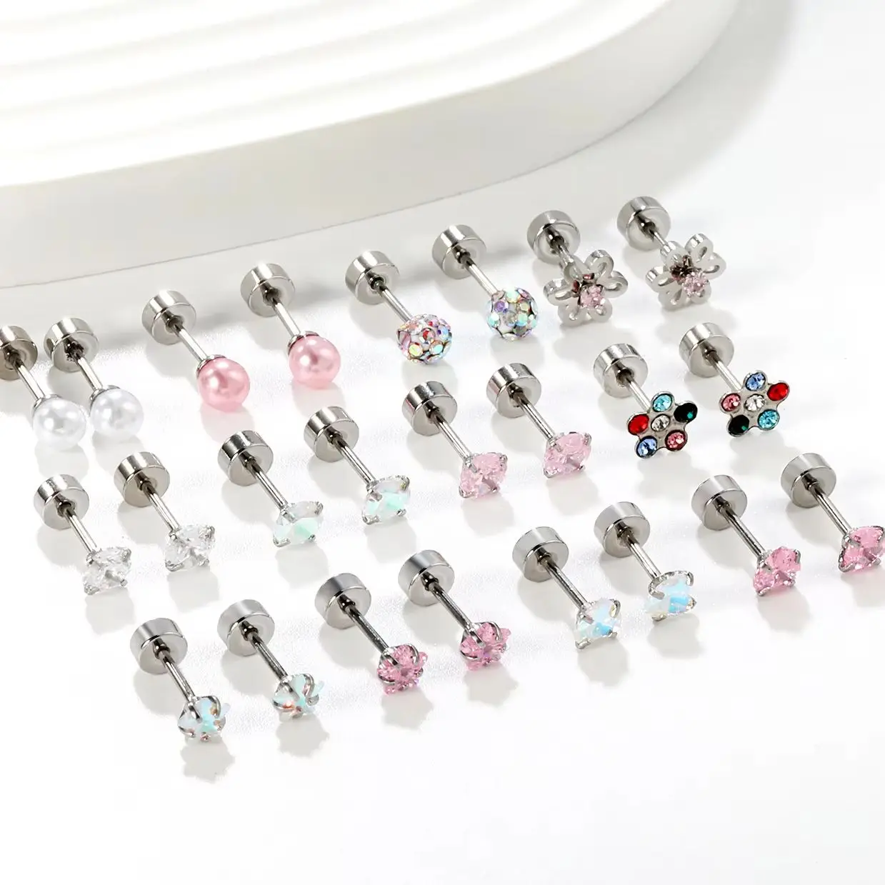 

LUXUKISSKIDS Titanium Steel Stud Earrings Set 12pairs/Sale Geometric Pink Zirconia Round Piercing Teenager Girls' Jewelry Gifts