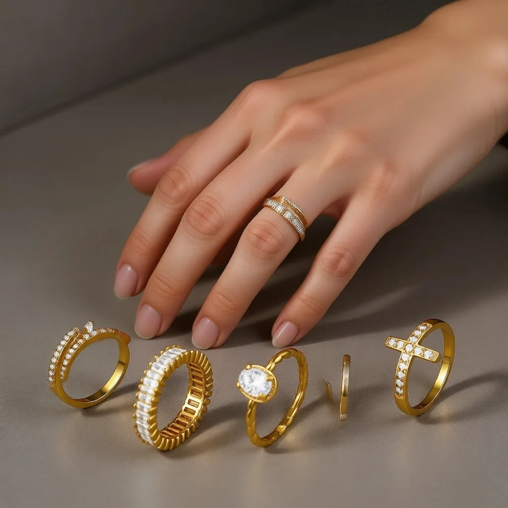 

Набор из 10 позолоченных колец 14K для женщин: изящные, не тускнеющие, штабелируемые кольца на большой палец и фаланги, размеры 6, 7, 8, 9, 10