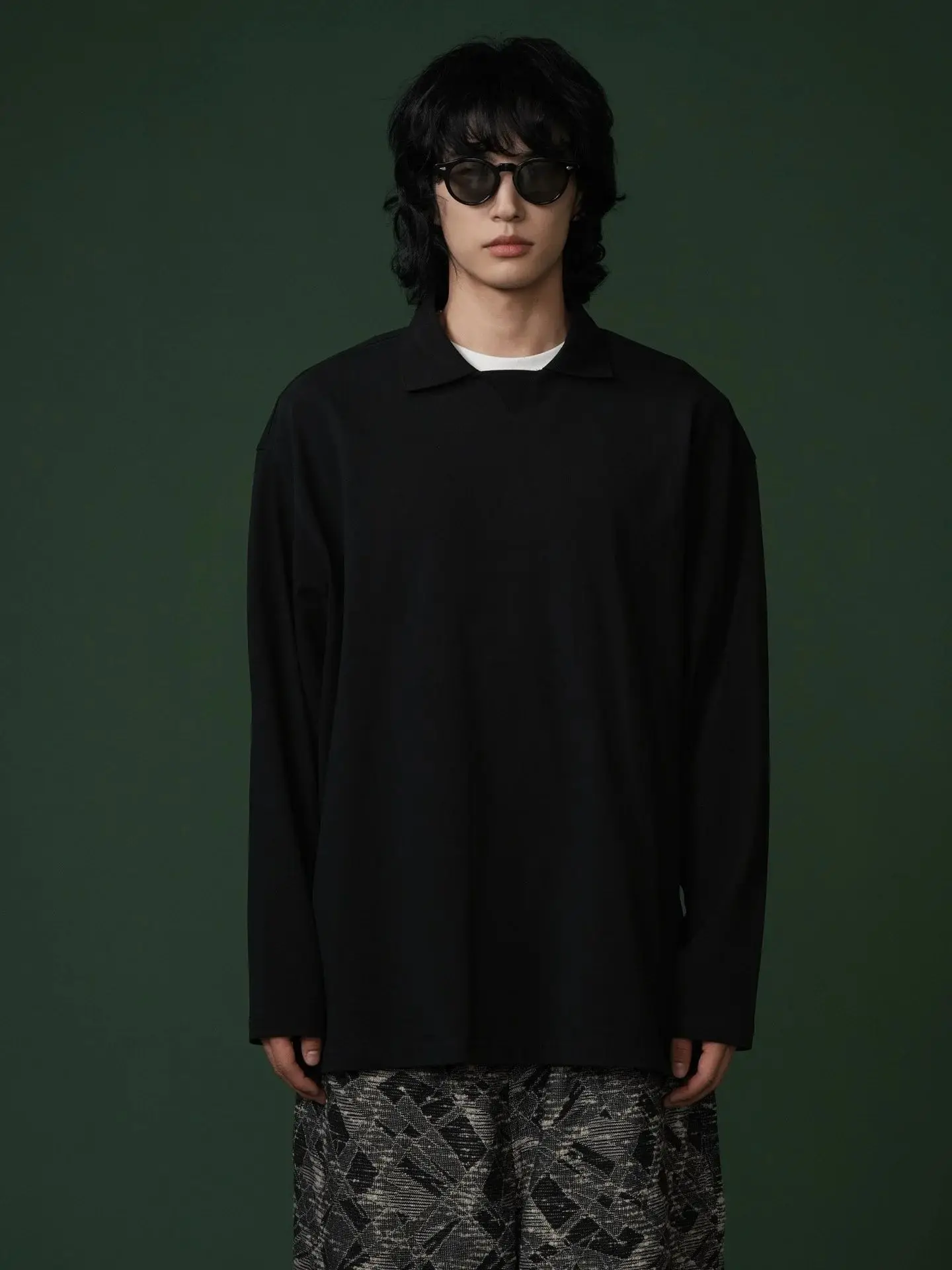 

2025 Autumn Vintage Trendy Brand Simple Solid-color Long-sleeved Polo Shirt Men's Autumn Loose Basic Versatile Collar Top