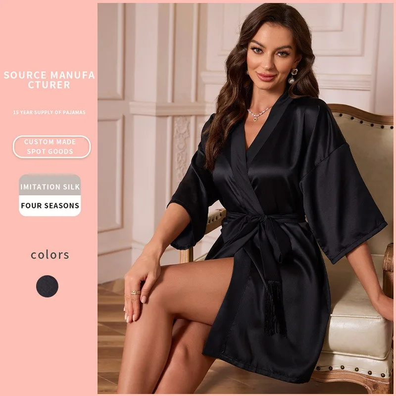 European American Style Silk Like Short Sleeve Women's Robe Summer Mid Length Cardigan Tie Bathrobe Thin Sexy Pajamas
