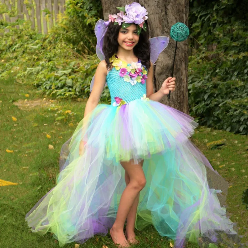 Green High Low Train Tulle Tutu Gown Front Short Back Long Fluffy Mesh Princess Dress Stage Runway Birthday Holiday Party Outfit