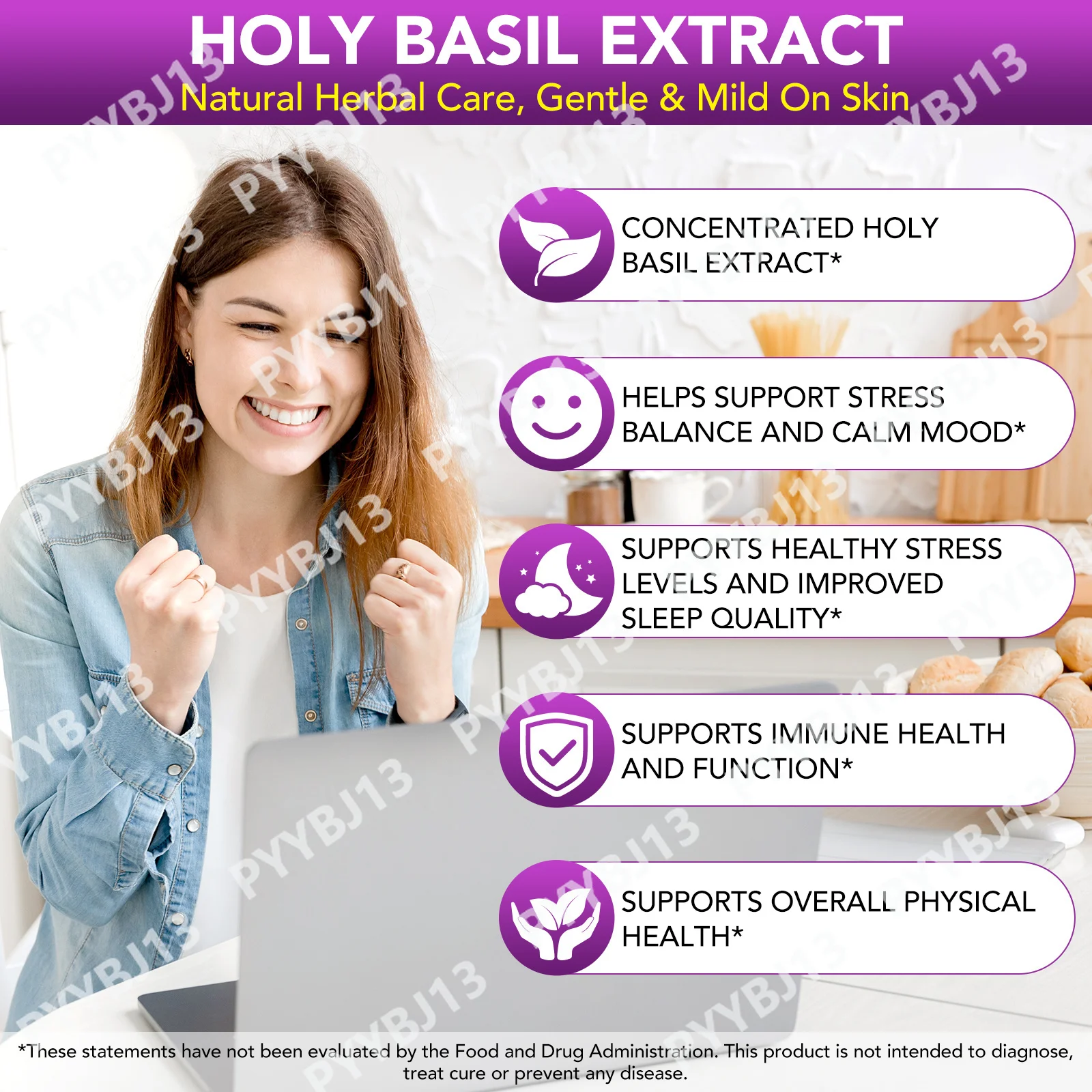 Itawel Holy Basil Liquid Drops, 1200mg Per‑Serving 60mL 30‑Servings Sugar & Alcohol‑Free Tincture, Ease Stress, Calm Mood Boost
