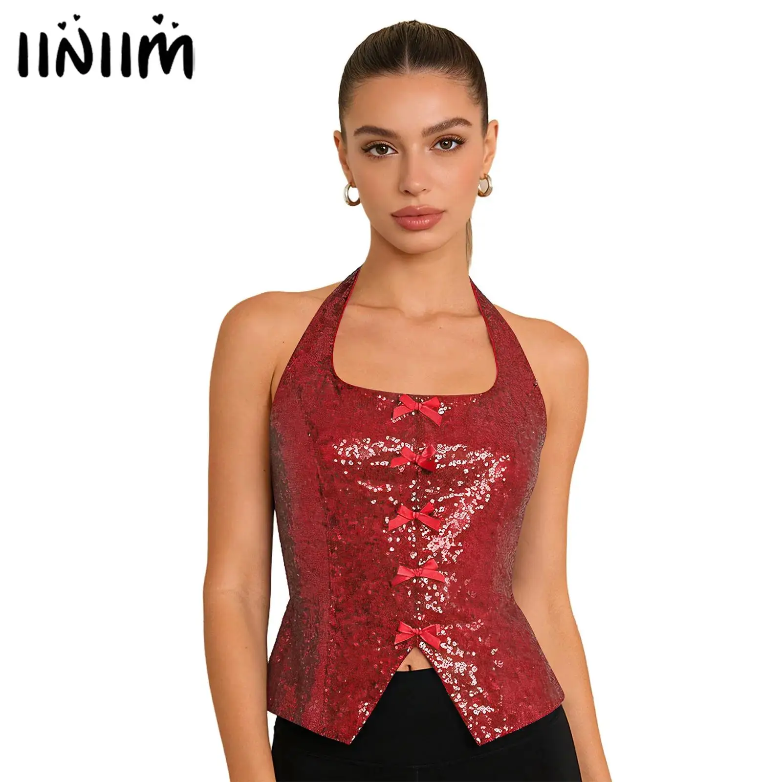 

Женский милый бант со сверкающими блестками, вечерние жилет Rave Clubwear, Холтер без рукавов, с открытой спиной, асимметричный подол, укороченный топ с копченой спиной