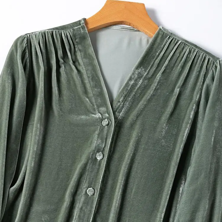 Original Design Light Luxury Bean Grey Green 30% Natural Mulberry Silk Velvet V-neck Long Sleeve Retro Lantern Sleeve Shirt