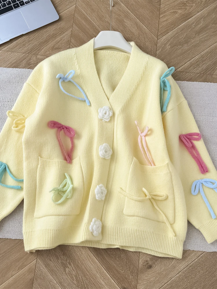 Women Yellow Cardigan Bow Sweater Vintage Harajuku Y2k Long Sleeves Cashmere Sweaters 90s Aesthetic 2000s Fashion Clothes Autumn