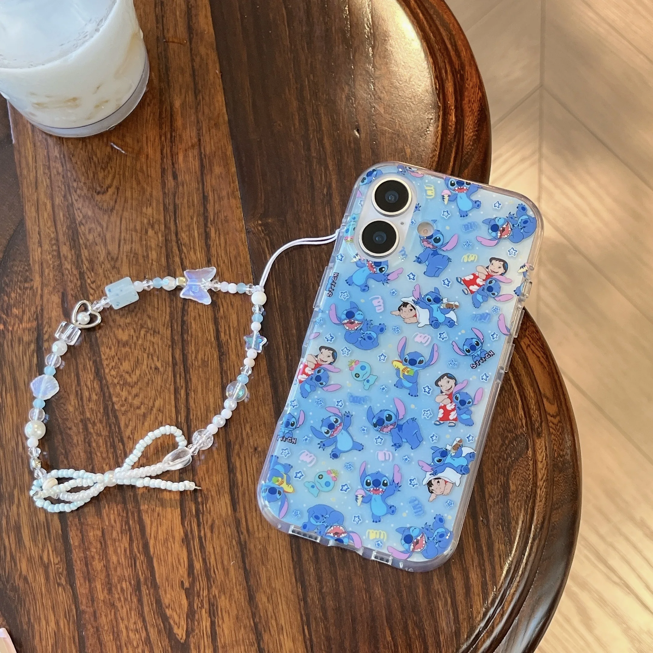

Transparent Fully Hemmed Edge Comfortable Phone Case Cute Disney For Stitch With Lanyard For iPhone16 13 14 15 Pro Max Anti-Drop