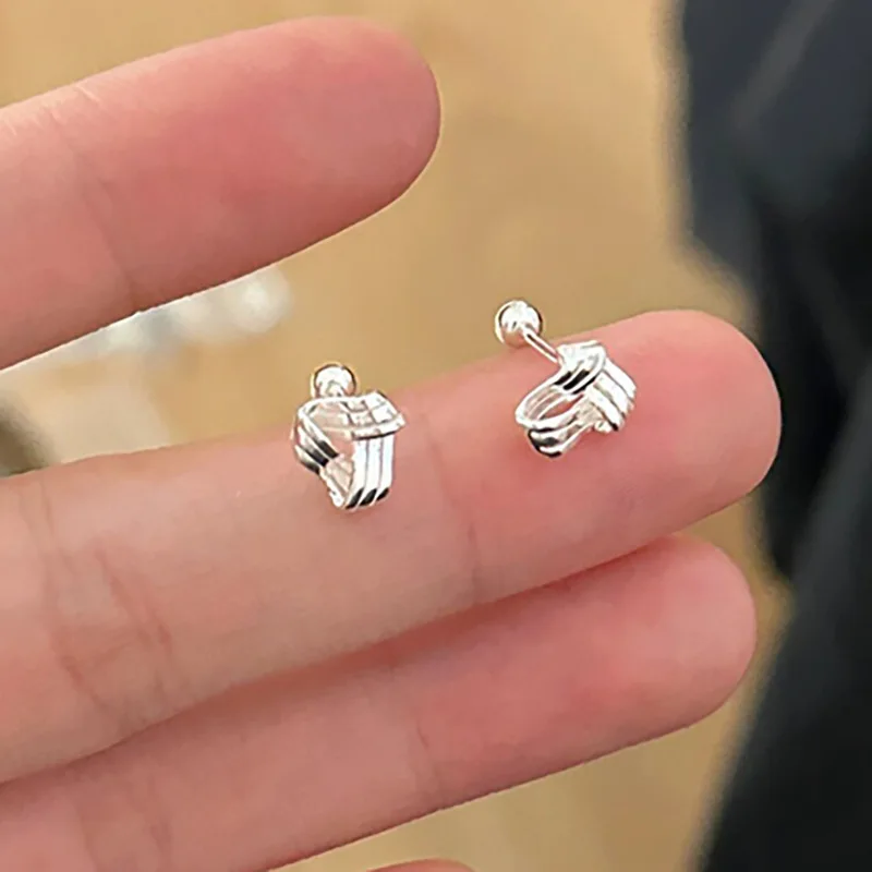 Real 925 Sterling Silver Small Cute Knot Screw Buckle Stud Earrings for Women Fine Jewelry Minimalist Accessories