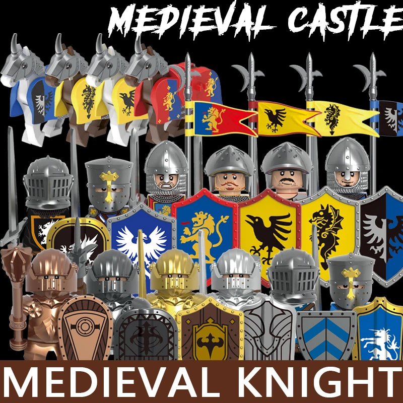 Série Castelo Medieval: Blocos de Montar de Cavaleiros, Figuras de Guerreiros Góticos, Acessórios de Cabeça, Machados e Lanças, Brinquedos de Blocos