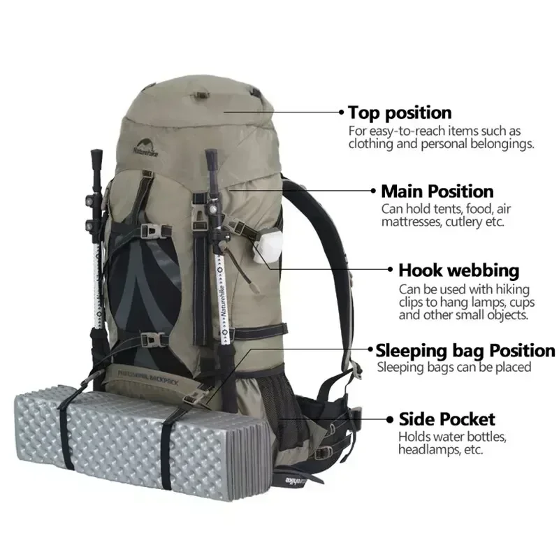 Naturehike Backpack Trekking Tactical 70 Liters Men\'s Mountaineering Sac A Dos Pliable Waterproof Shoulder Bag Lightweight