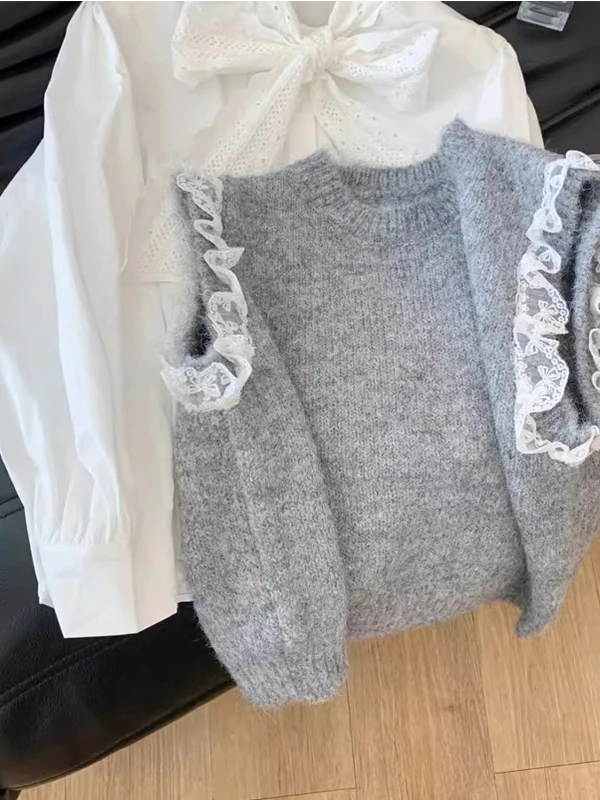 

Вязаный жилет без рукавов в стиле ретро с кружевными вставками, свободный крой, корейский стиль, модный женский топ, вязаный свитер, верхняя одежда