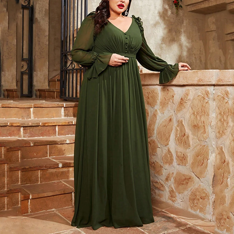 Abito da donna con scollo a V verde elegante taglie forti Abito da sera con gonna a maniche lunghe a lanterna di grandi dimensioni Abiti da ballo maxi Abiti