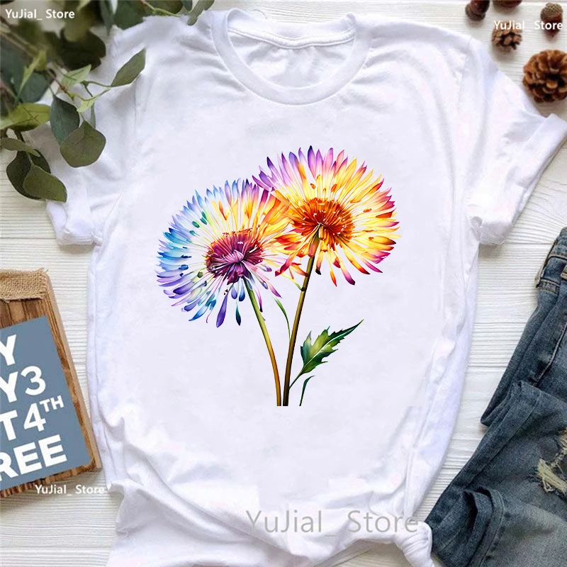 Funny Colorful Dandelion Print T Shirt Women'S Clothing Summer Fashion Short Sleeve T-Shirt Femme Harajuku Shirt Casual T-Shirt