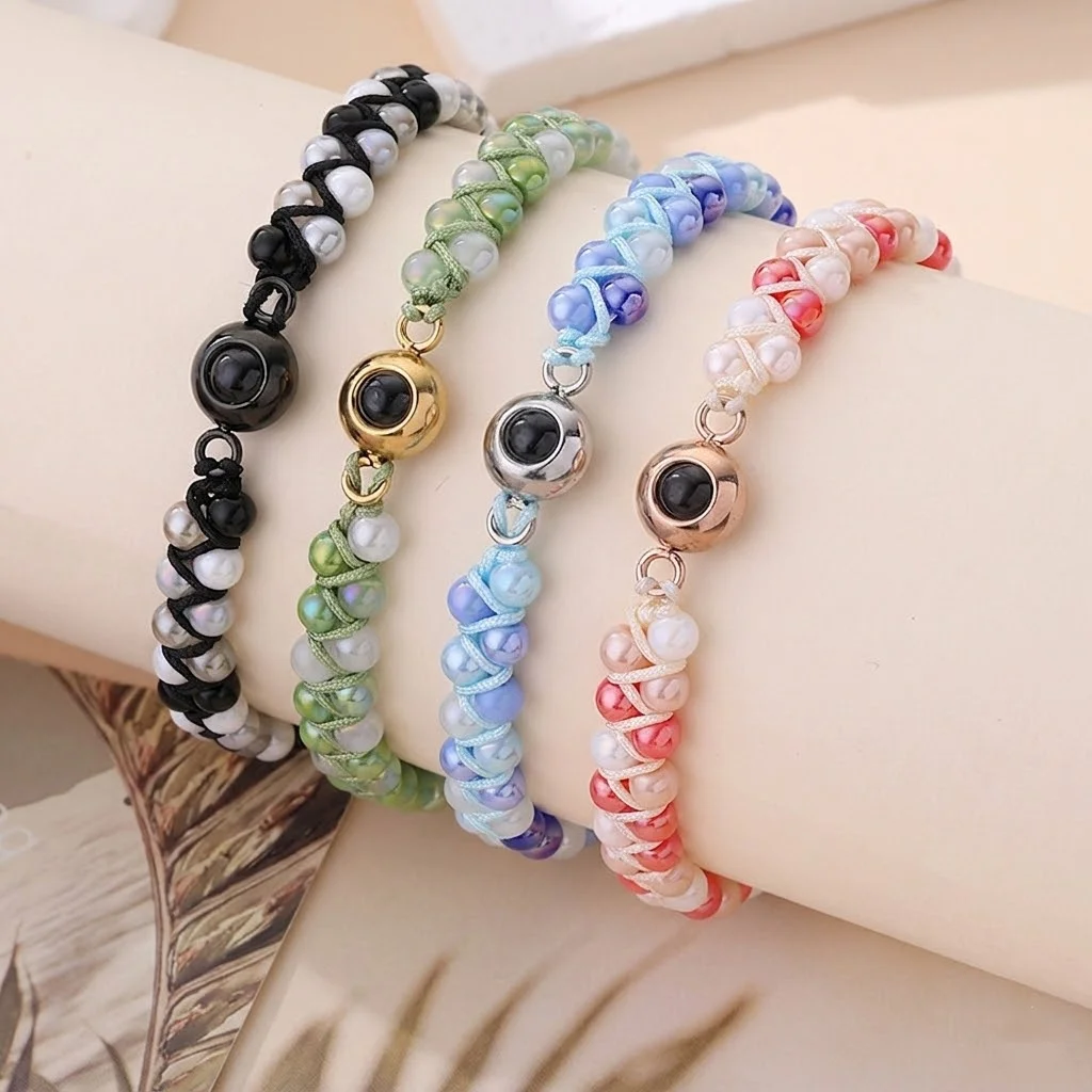 

Adjustable Nano Projection Bracelet Double-Layer Beaded Braided Design with Gradient Personalized Photo Customizable Gift