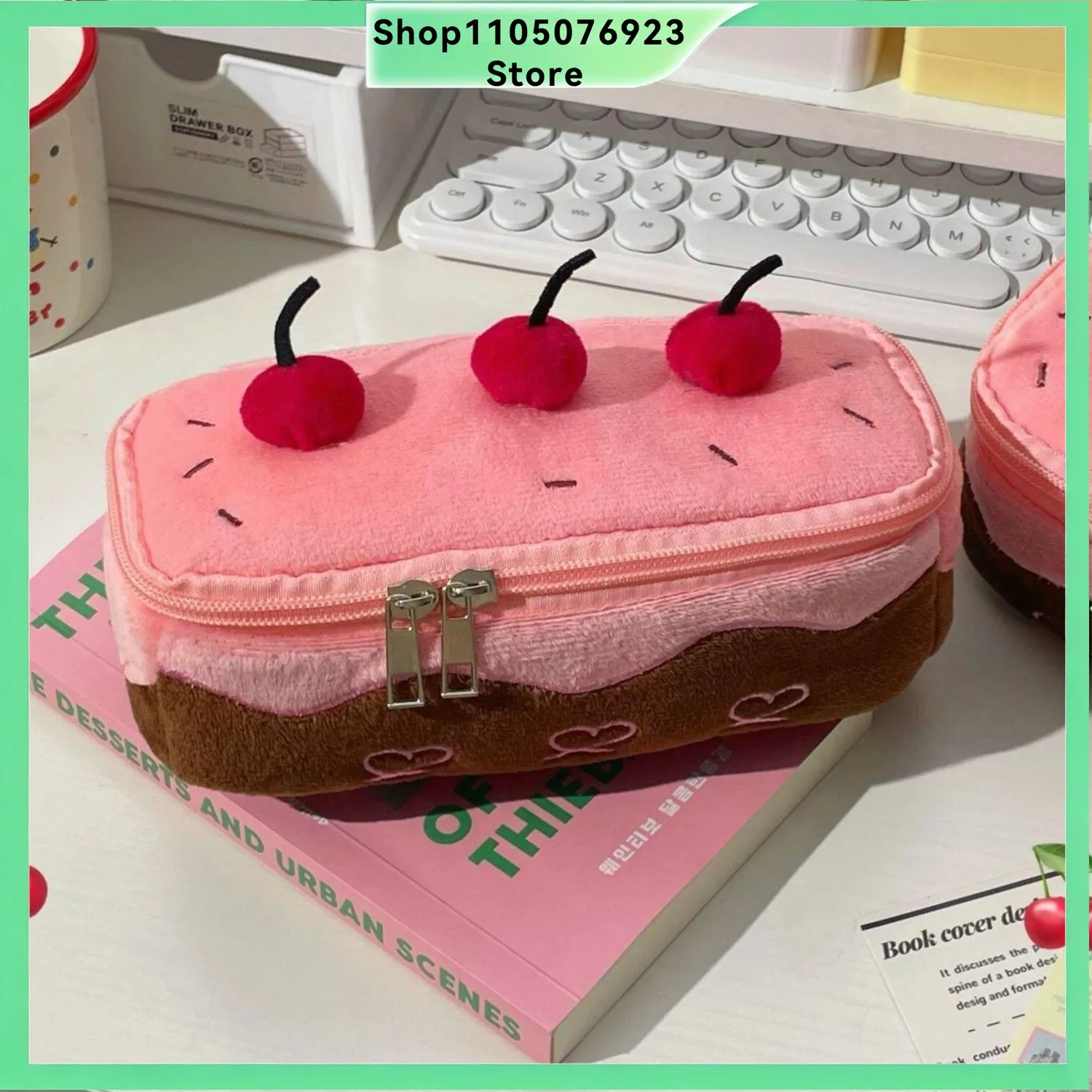 Ins Style Cherry Cake Pencil Bag, Korean New Style Cute Girls Large‑Capacity Pencil Pouch, Student Stationery Storage Bag