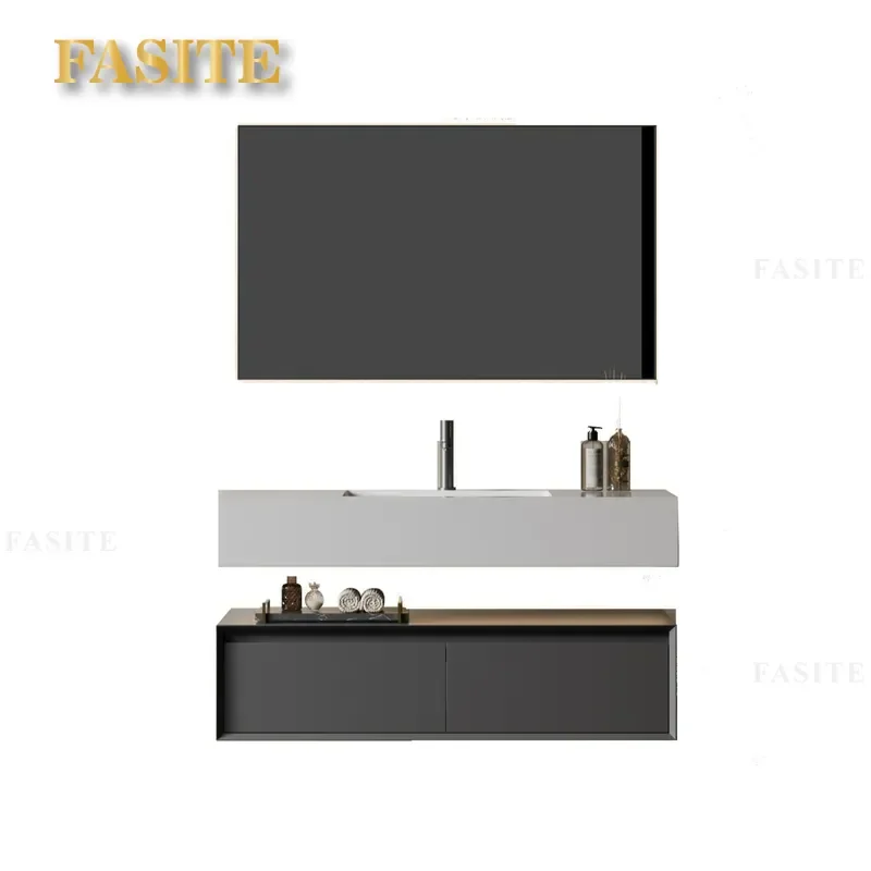 For Hotel Bathroom Wall Mounted Cabinet Large Side Storage Rock Slab Ceramic Integrated Basin Vanity Unit Modern Waterproof