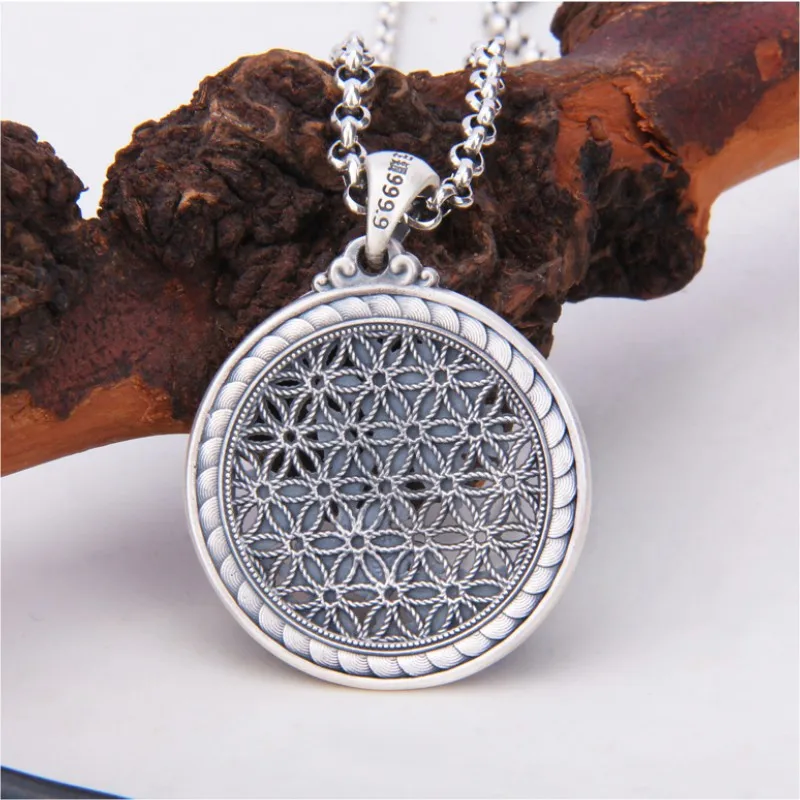 Genuine S999 Sterling Silver Pendans for Women New Fashion Enamel Hollow Peony  Ethnic Style Argentum Luck Amulet Jewelry