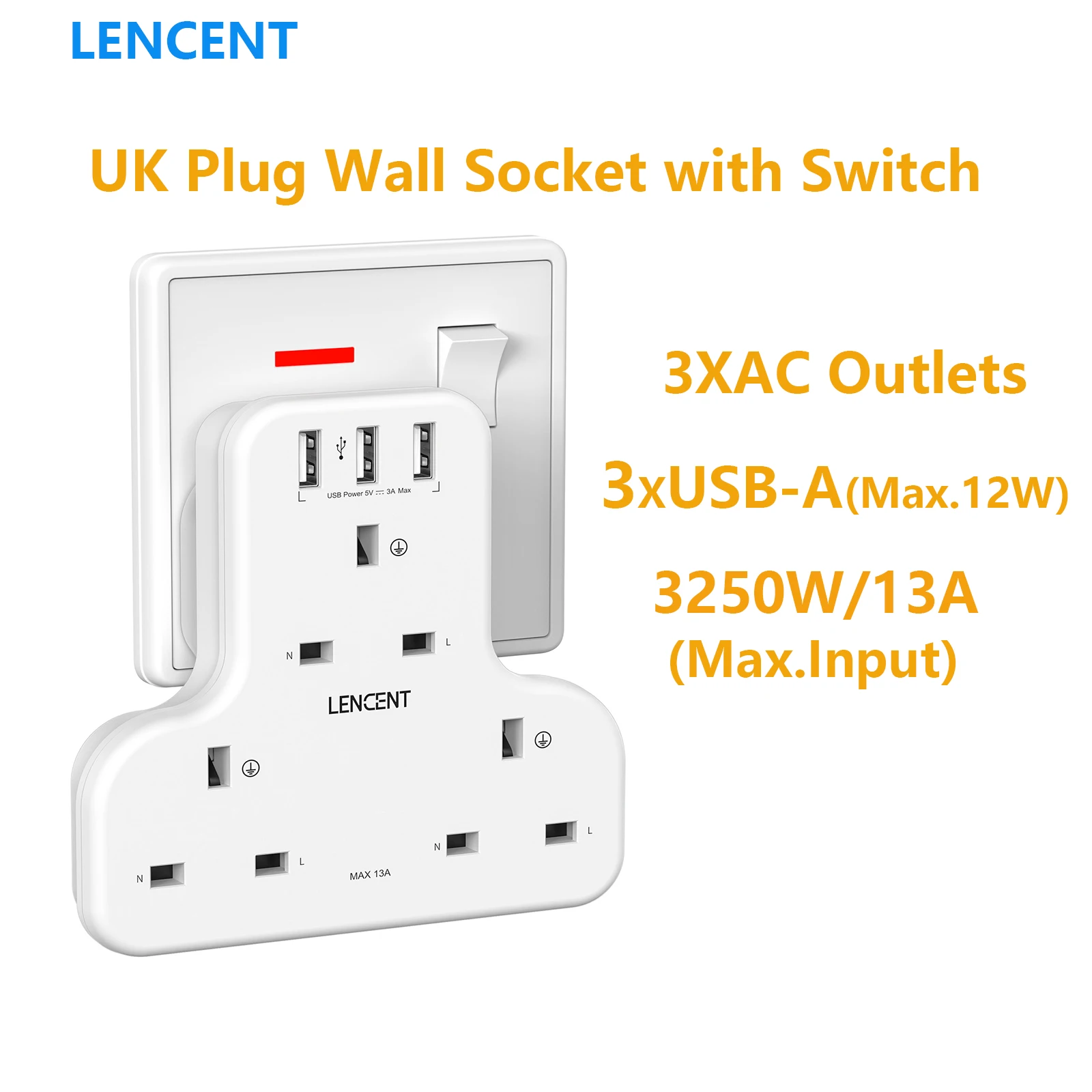 LENCENT UK Plug Power Strip 3AC Outlets+3 USB Ports Wall Charger 6-in-1 Multi Outlets Extension Socket for Home/Office