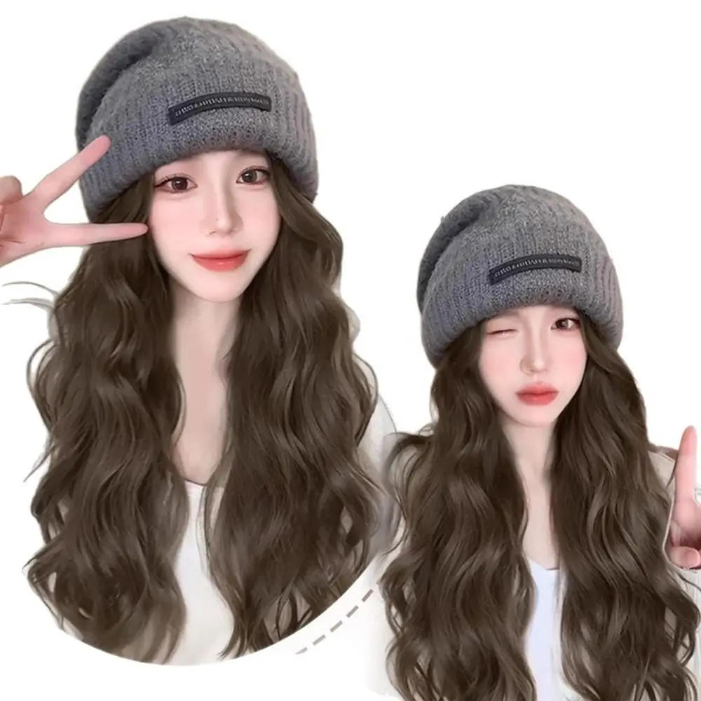 Fashion Long Wavy Hair Beanie Hat With Wig Warm Casual Wig Knitted Cap Attached Wig Hair Wig Winter Hats Women