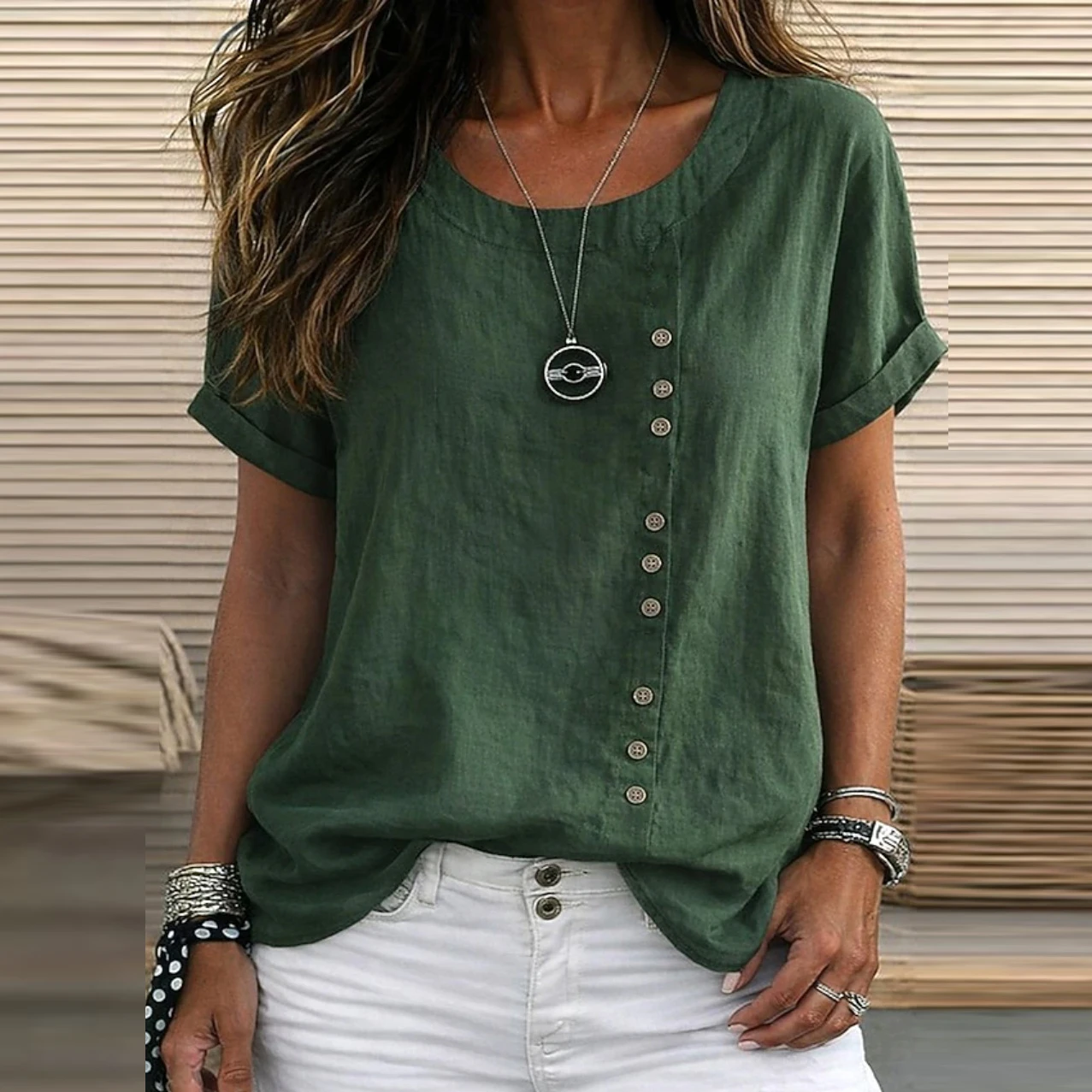 New Vintage Short Sleeve Women T-Shirts Button Design Loose Tee Female Casual Harajuku Tops Summer Solid Color Oversize Tee
