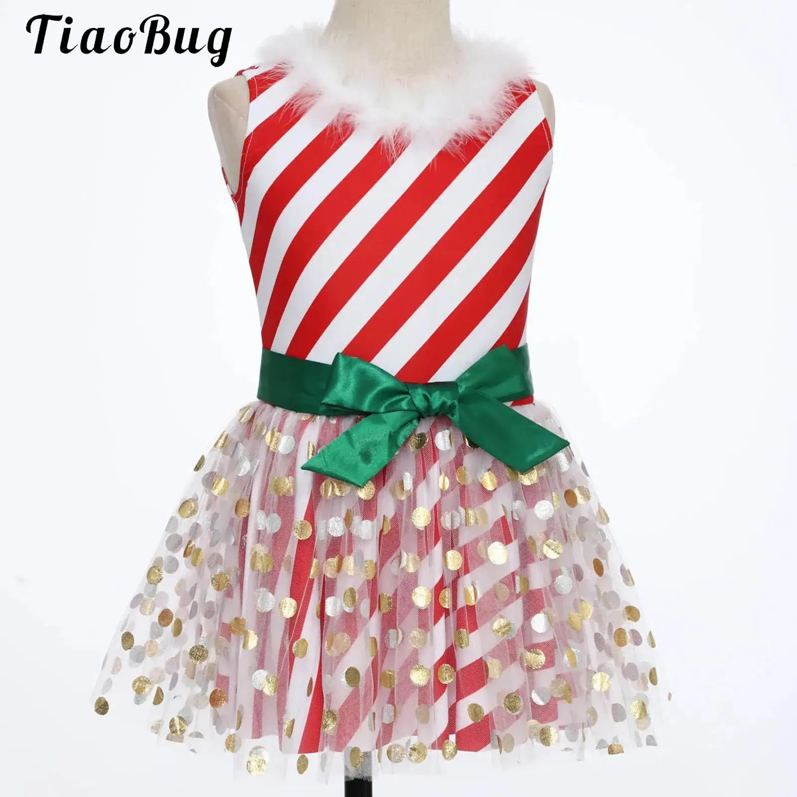 

Girls Candy Cane Mrs Santa Claus Costume Metallic Dot Striped Christmas Dance Figure Skating Tutu Dress Ballet Leotard Dancewear