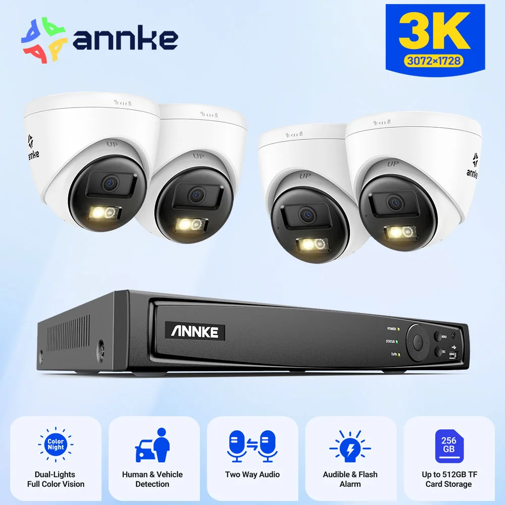 ANNKE 3K Smart Dual Light CCTV Video Surveillance Camera Kits Security Cam 8CH NVR 4PCS POE Camera Outdoor Protection Camera Set