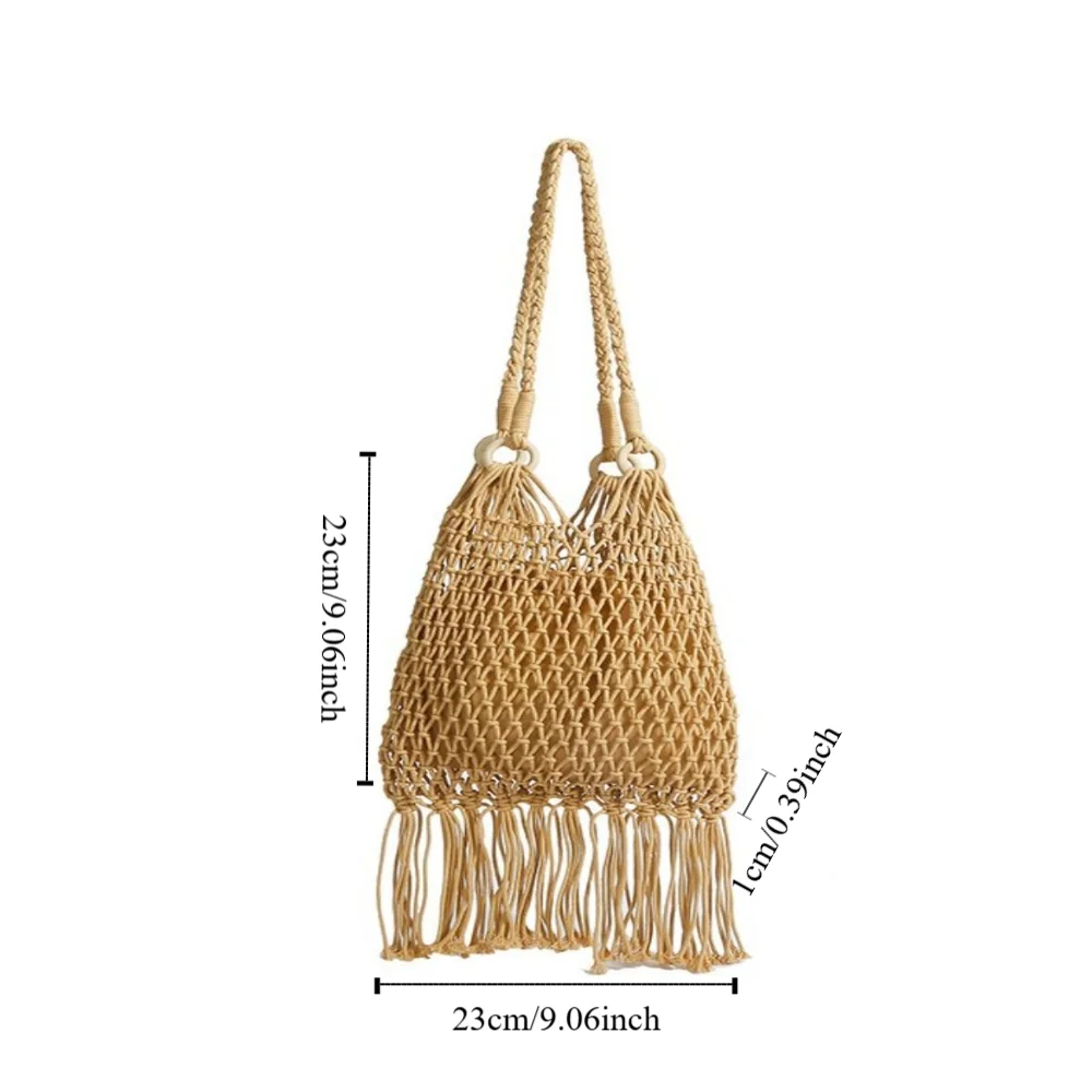 Плетеная сумка из хлопчатобумажной нити, большая сумка, пляжная сумка, пляжная сумка с кисточками, сумка-ведро в богемном стиле, полая сумка на плечо
