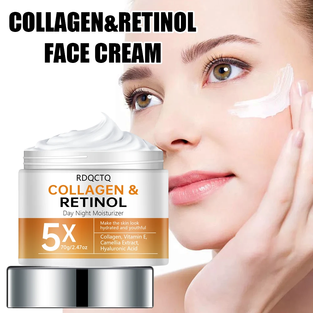 Crema hidratante de día y noche con colágeno y retinol: ácido hialurónico y vitamina E para pieles hidratadas, adecuada para todo tipo de piel