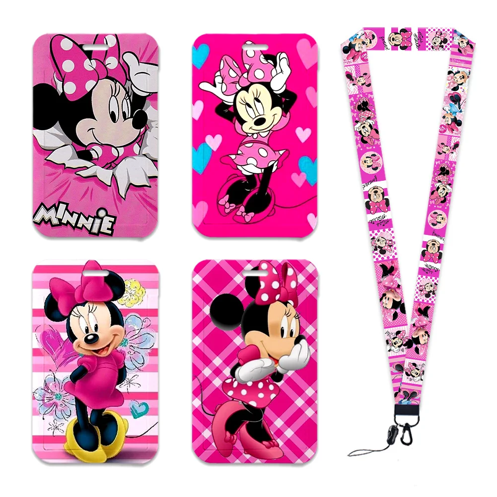 

Держатель для рабочей карты Disney Mickey Minnie ярко-розового цвета, бейдж для рабочего разрешения на работу с брелоками, держатель для студенческого удостоверения с ремешком, аксессуары