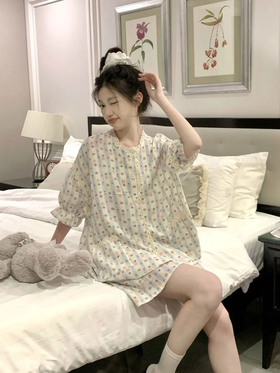 Pajamas Women Summer Lace Sweet Girls Homewear Student Loose Short Sleeve Shorts Set Thin