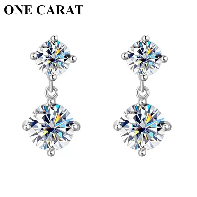 

One Carat Moissanite Stud Earrings 925 Sterling Silver Double Round Cut Dangle Design Sparkling Jewelry for Women Gift