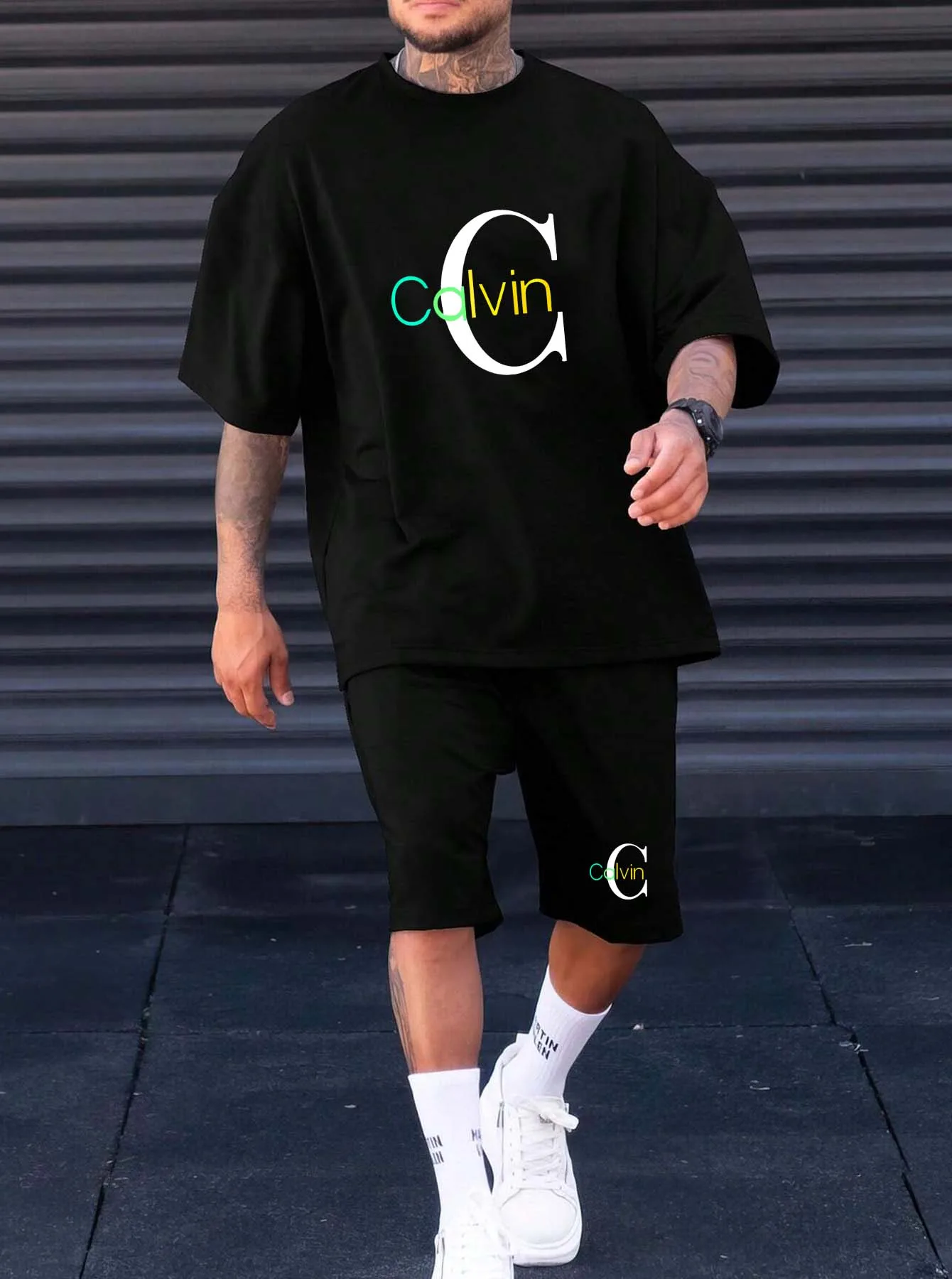

Summer fashion men's short-sleeved T-shirt jogging set, new outdoor sports men's casual round-neck top + shorts 2-piece set