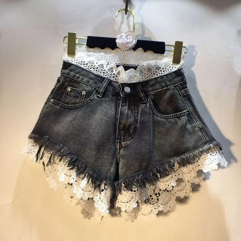 Spring New Women Korean Denim Shorts Pants Lady Low Waist Slim Fit Hot Pants Sexy Y2k Harajuku lace Splicing Female Clothes