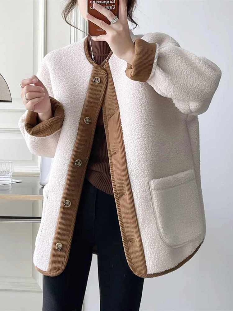 

Contrast Color Lamb Wool Coats Women Leisure Single Breasted Thick Tops Lady Loose Warm Jackets Winter Outerwear