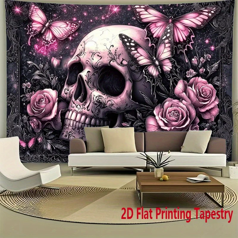 Large Gothic Skull Butterfly Rose Tapestry Wall Decor Bohemian Macabre Art Print Aesthetic Canvas for Bedroom Living Room Home