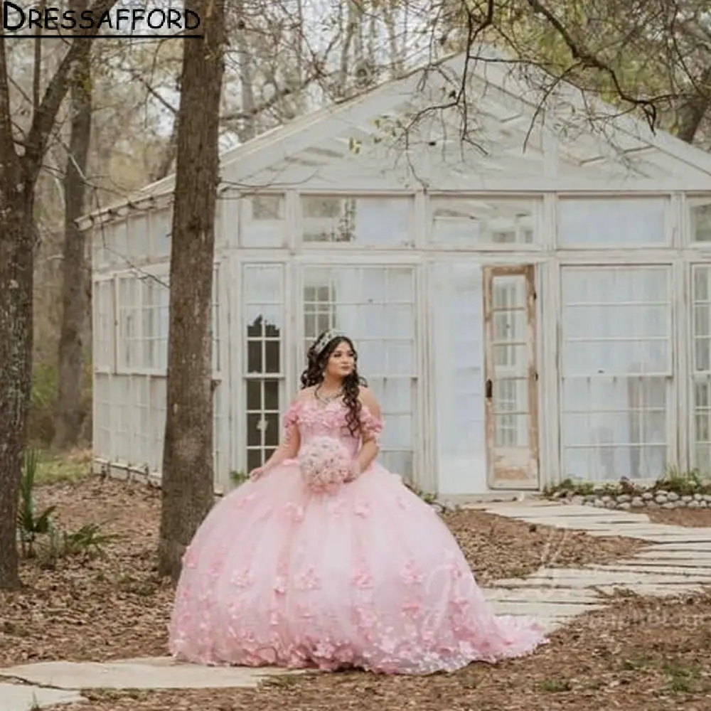 Vestido rosa sin hombros Para quinceañera, sin mangas, con flores en 3D, corsé de encaje Para XV Años